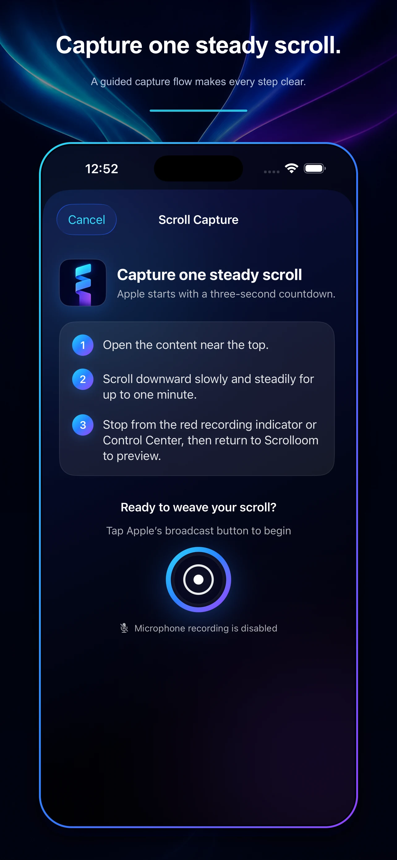 Scrolloom capture screen with guidance for recording one steady downward scroll