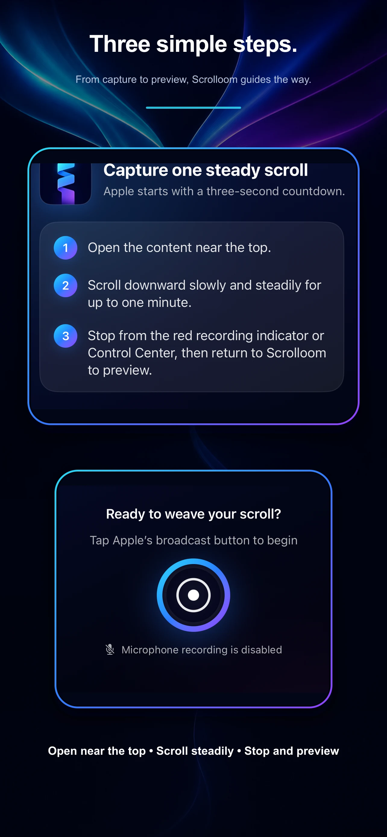 Scrolloom workflow showing capture, review, and export in three steps